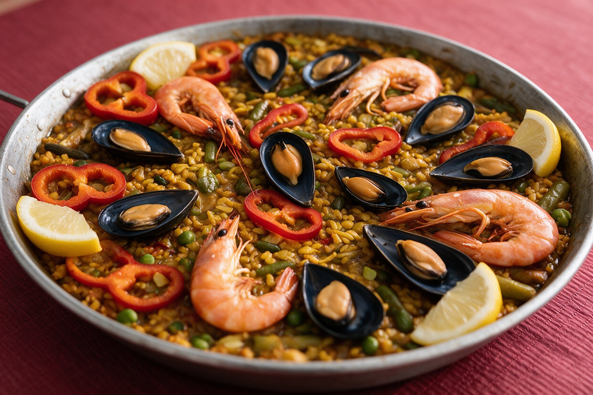Paella de marisco de Kiosco Lagos, arroz con gambas, mejillones y pimientos